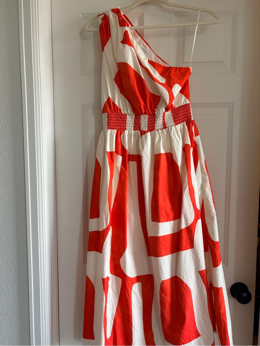 Banana Republic One-Shoulder Orange/Red & White Print Dress